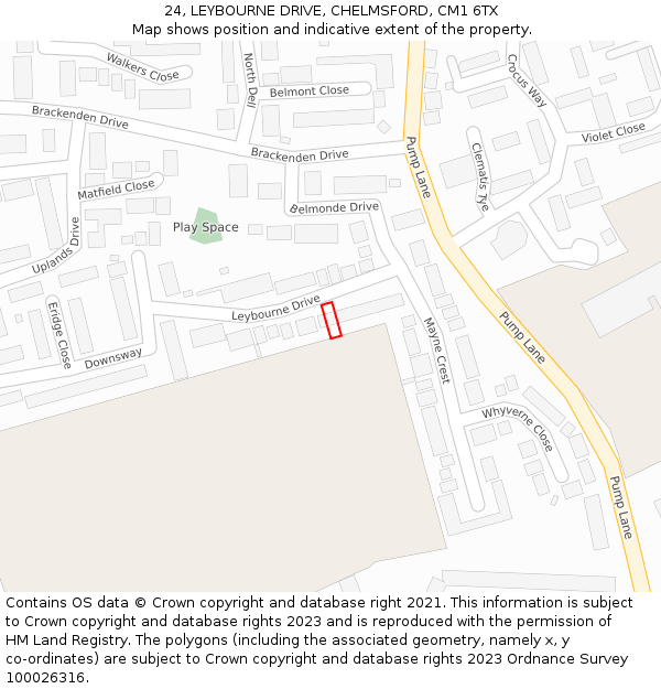 24, LEYBOURNE DRIVE, CHELMSFORD, CM1 6TX: Location map and indicative extent of plot