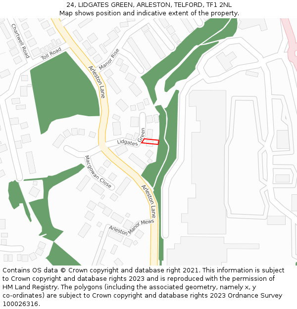 24, LIDGATES GREEN, ARLESTON, TELFORD, TF1 2NL: Location map and indicative extent of plot