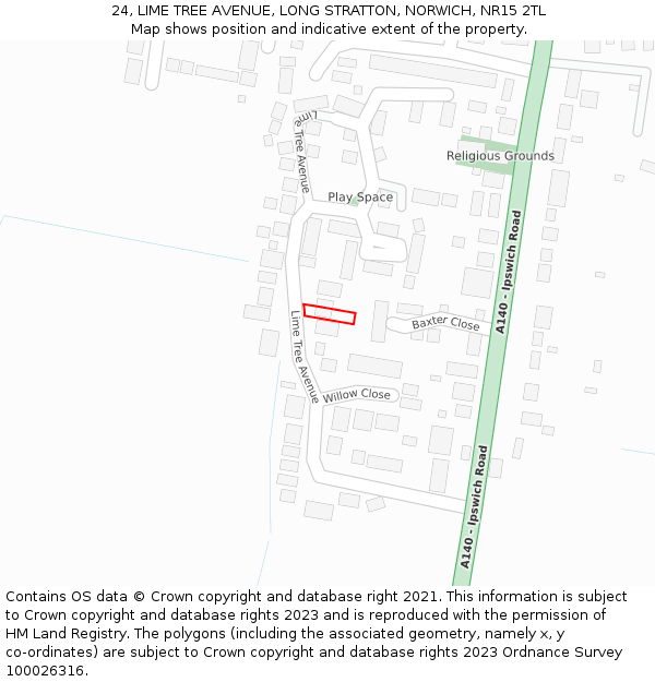 24, LIME TREE AVENUE, LONG STRATTON, NORWICH, NR15 2TL: Location map and indicative extent of plot