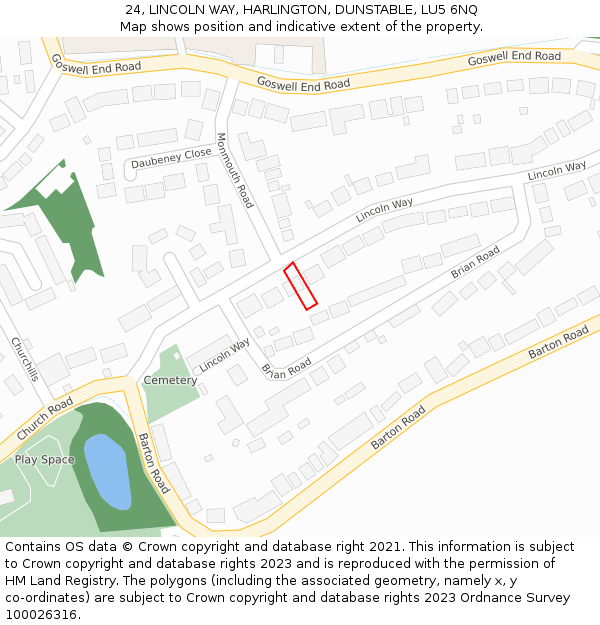 24, LINCOLN WAY, HARLINGTON, DUNSTABLE, LU5 6NQ: Location map and indicative extent of plot