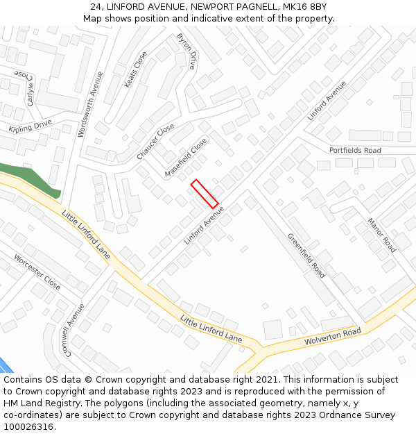 24, LINFORD AVENUE, NEWPORT PAGNELL, MK16 8BY: Location map and indicative extent of plot