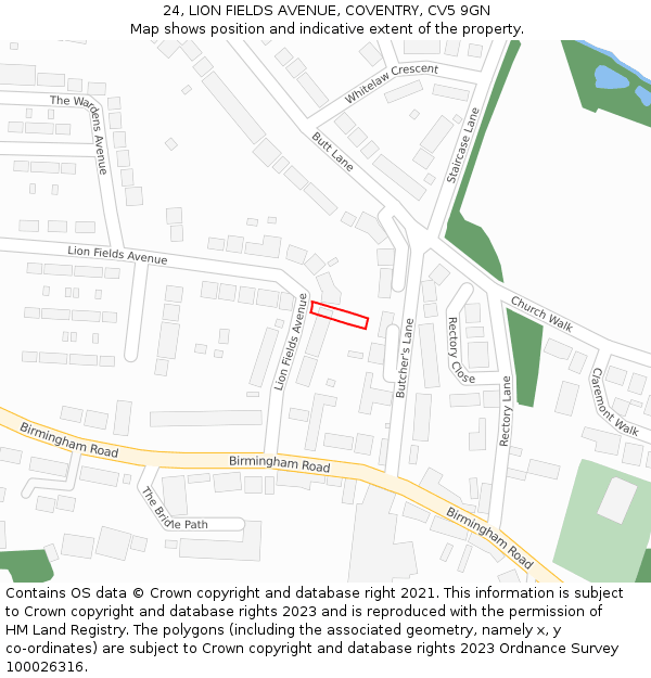 24, LION FIELDS AVENUE, COVENTRY, CV5 9GN: Location map and indicative extent of plot