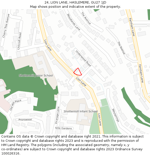 24, LION LANE, HASLEMERE, GU27 1JD: Location map and indicative extent of plot