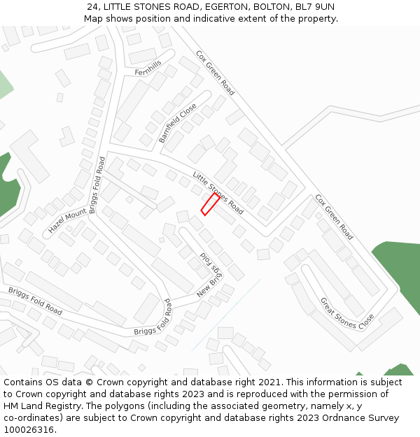 24, LITTLE STONES ROAD, EGERTON, BOLTON, BL7 9UN: Location map and indicative extent of plot