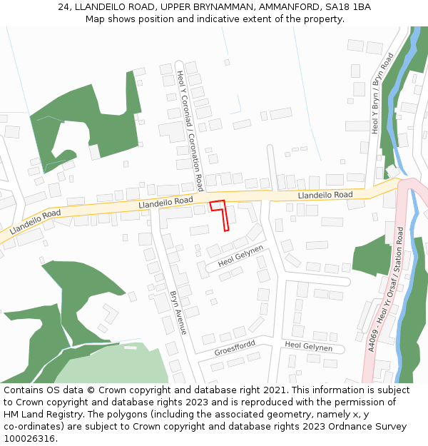 24, LLANDEILO ROAD, UPPER BRYNAMMAN, AMMANFORD, SA18 1BA: Location map and indicative extent of plot