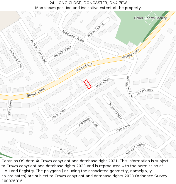 24, LONG CLOSE, DONCASTER, DN4 7PW: Location map and indicative extent of plot