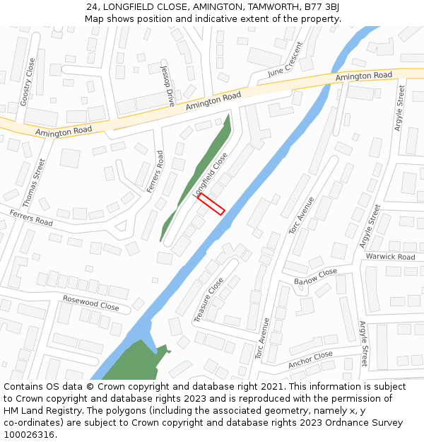 24, LONGFIELD CLOSE, AMINGTON, TAMWORTH, B77 3BJ: Location map and indicative extent of plot