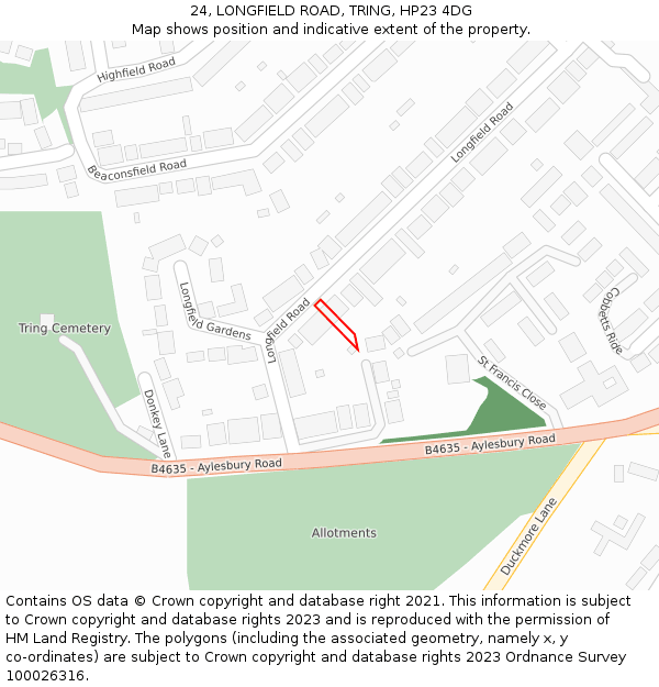 24, LONGFIELD ROAD, TRING, HP23 4DG: Location map and indicative extent of plot