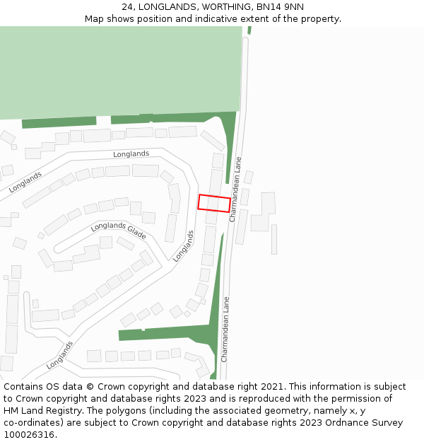 24, LONGLANDS, WORTHING, BN14 9NN: Location map and indicative extent of plot