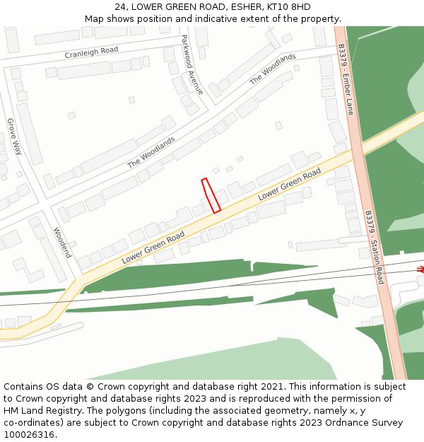 24, LOWER GREEN ROAD, ESHER, KT10 8HD: Location map and indicative extent of plot