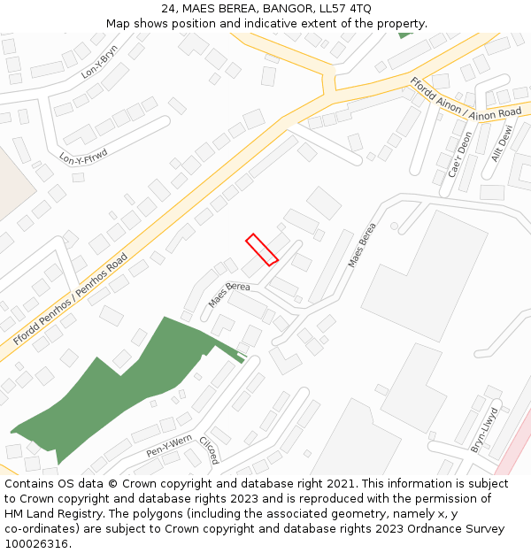 24, MAES BEREA, BANGOR, LL57 4TQ: Location map and indicative extent of plot