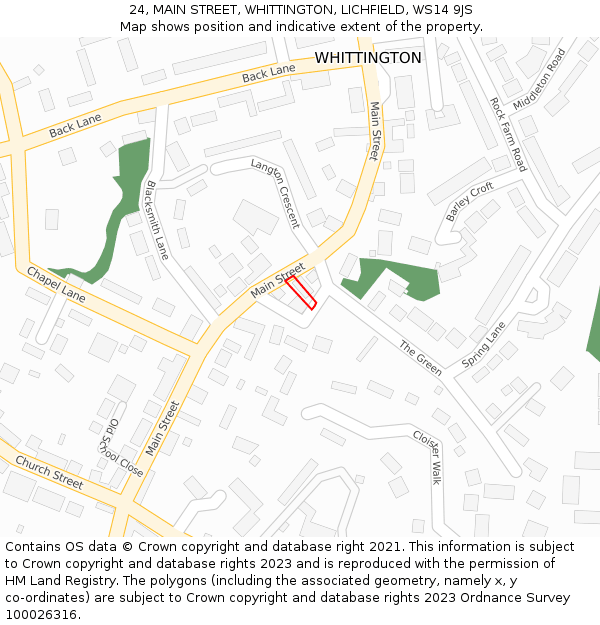 24, MAIN STREET, WHITTINGTON, LICHFIELD, WS14 9JS: Location map and indicative extent of plot