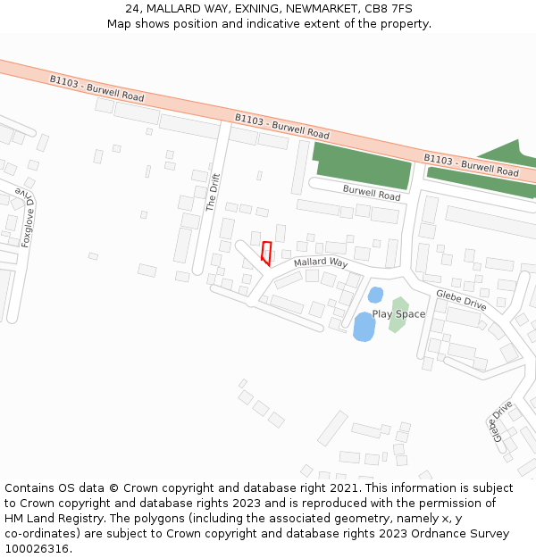 24, MALLARD WAY, EXNING, NEWMARKET, CB8 7FS: Location map and indicative extent of plot