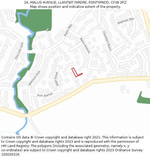 24, MALUS AVENUE, LLANTWIT FARDRE, PONTYPRIDD, CF38 2PZ: Location map and indicative extent of plot