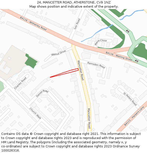 24, MANCETTER ROAD, ATHERSTONE, CV9 1NZ: Location map and indicative extent of plot