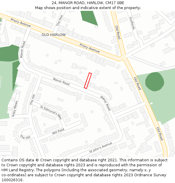 24, MANOR ROAD, HARLOW, CM17 0BE: Location map and indicative extent of plot