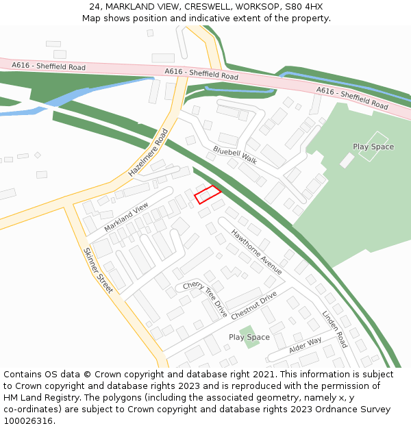 24, MARKLAND VIEW, CRESWELL, WORKSOP, S80 4HX: Location map and indicative extent of plot