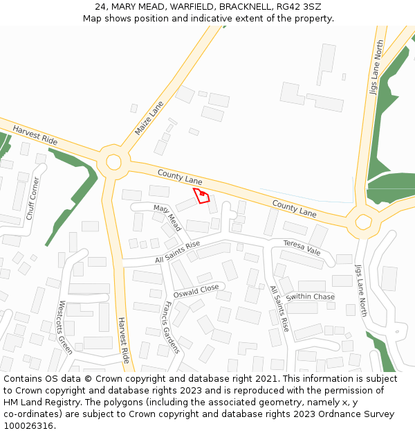 24, MARY MEAD, WARFIELD, BRACKNELL, RG42 3SZ: Location map and indicative extent of plot