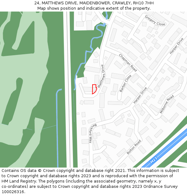 24, MATTHEWS DRIVE, MAIDENBOWER, CRAWLEY, RH10 7HH: Location map and indicative extent of plot