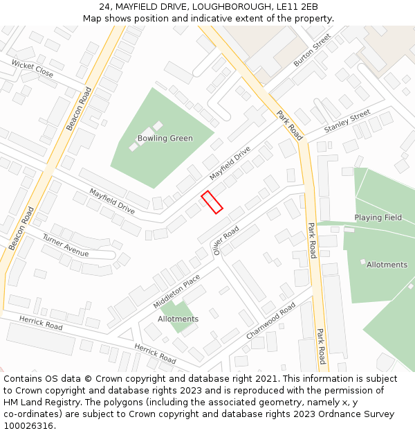 24, MAYFIELD DRIVE, LOUGHBOROUGH, LE11 2EB: Location map and indicative extent of plot