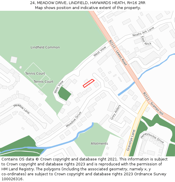 24, MEADOW DRIVE, LINDFIELD, HAYWARDS HEATH, RH16 2RR: Location map and indicative extent of plot