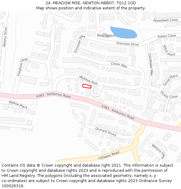 24, MEADOW RISE, NEWTON ABBOT, TQ12 1GD: Location map and indicative extent of plot