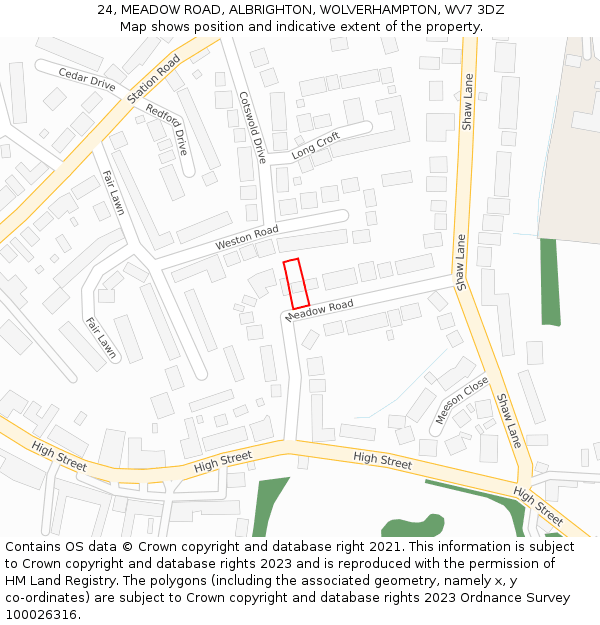 24, MEADOW ROAD, ALBRIGHTON, WOLVERHAMPTON, WV7 3DZ: Location map and indicative extent of plot