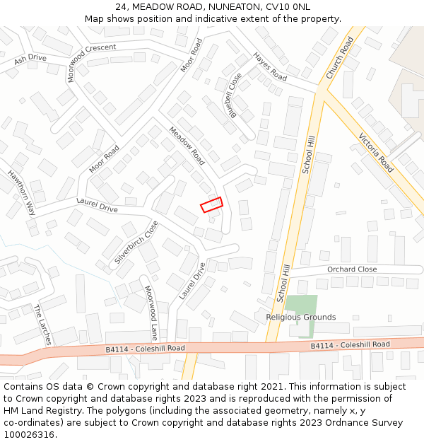 24, MEADOW ROAD, NUNEATON, CV10 0NL: Location map and indicative extent of plot