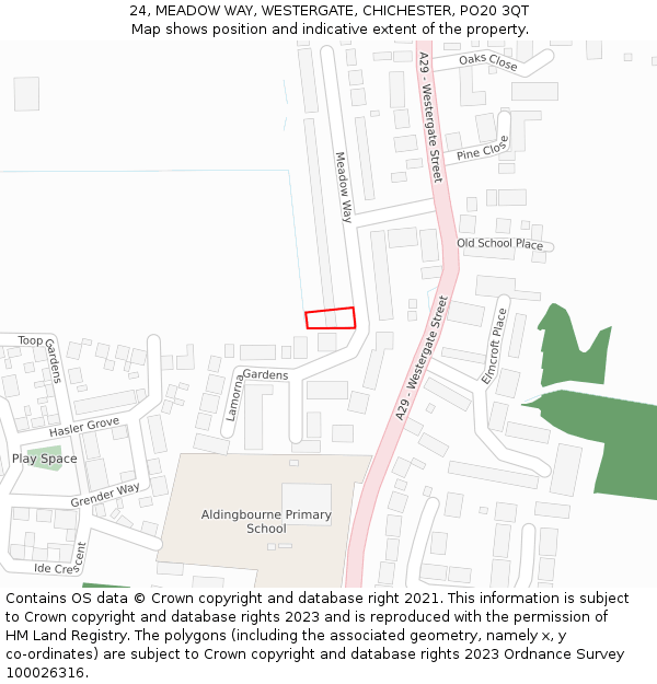 24, MEADOW WAY, WESTERGATE, CHICHESTER, PO20 3QT: Location map and indicative extent of plot