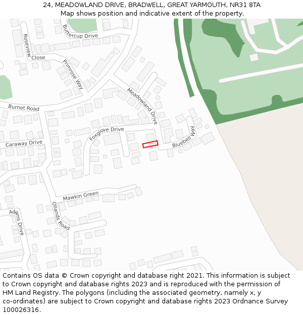 24, MEADOWLAND DRIVE, BRADWELL, GREAT YARMOUTH, NR31 8TA: Location map and indicative extent of plot