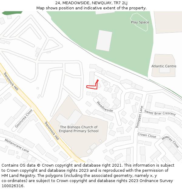 24, MEADOWSIDE, NEWQUAY, TR7 2LJ: Location map and indicative extent of plot