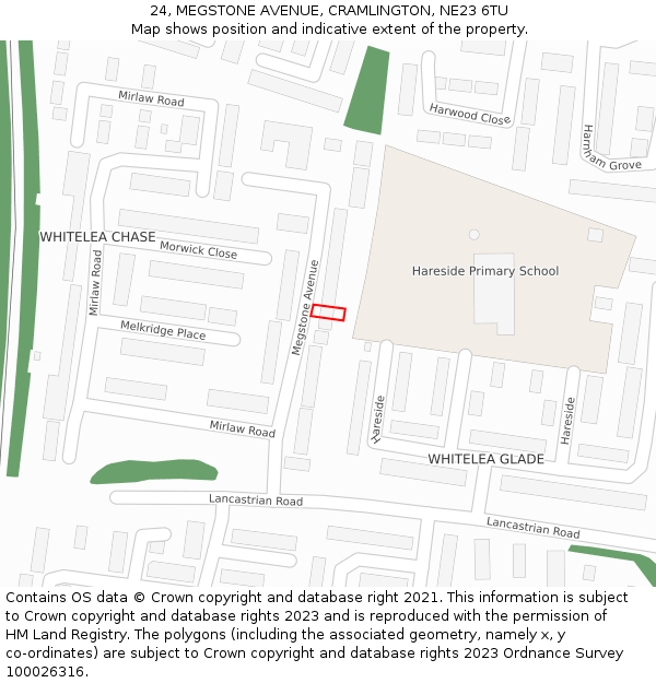 24, MEGSTONE AVENUE, CRAMLINGTON, NE23 6TU: Location map and indicative extent of plot