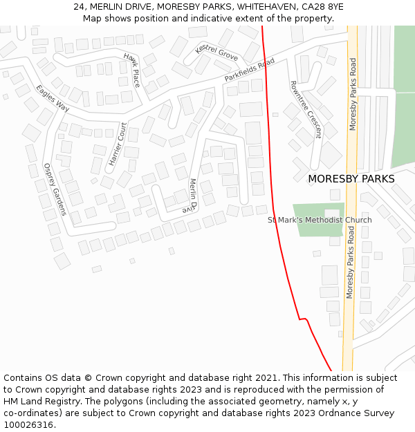 24, MERLIN DRIVE, MORESBY PARKS, WHITEHAVEN, CA28 8YE: Location map and indicative extent of plot