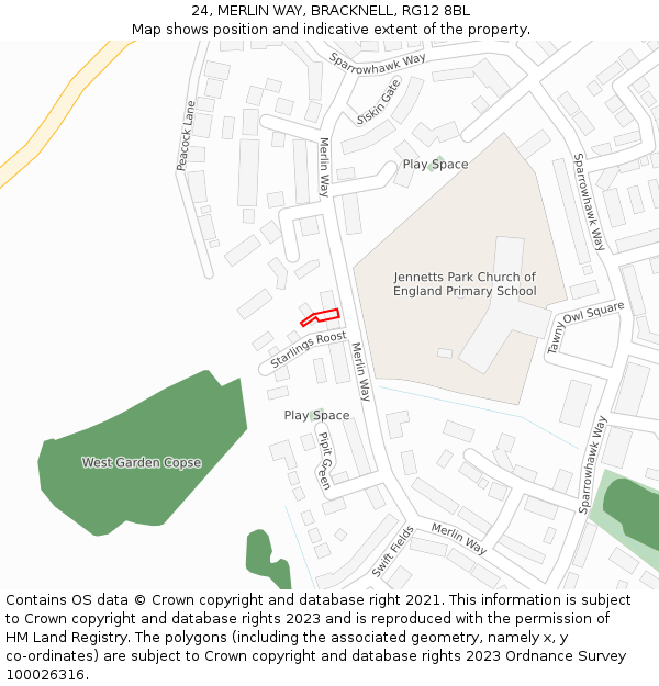24, MERLIN WAY, BRACKNELL, RG12 8BL: Location map and indicative extent of plot