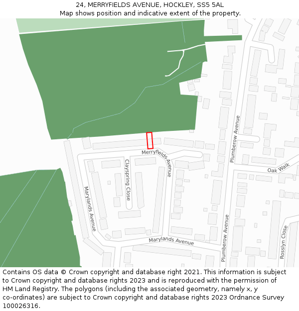 24, MERRYFIELDS AVENUE, HOCKLEY, SS5 5AL: Location map and indicative extent of plot
