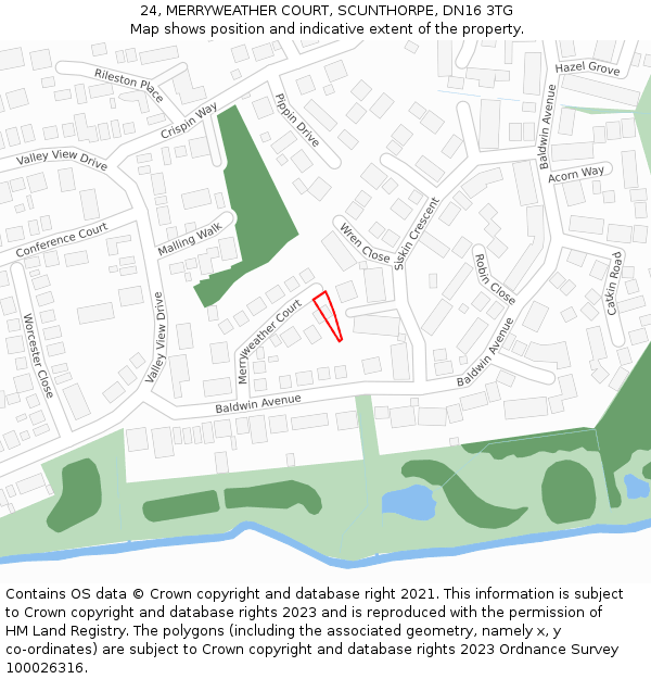 24, MERRYWEATHER COURT, SCUNTHORPE, DN16 3TG: Location map and indicative extent of plot