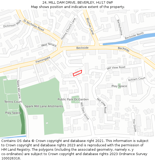 24, MILL DAM DRIVE, BEVERLEY, HU17 0WF: Location map and indicative extent of plot