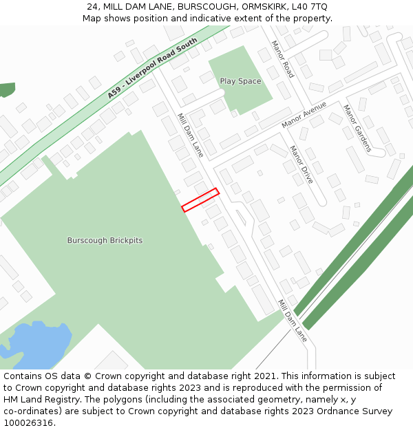 24, MILL DAM LANE, BURSCOUGH, ORMSKIRK, L40 7TQ: Location map and indicative extent of plot