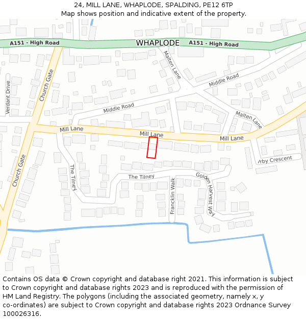 24, MILL LANE, WHAPLODE, SPALDING, PE12 6TP: Location map and indicative extent of plot