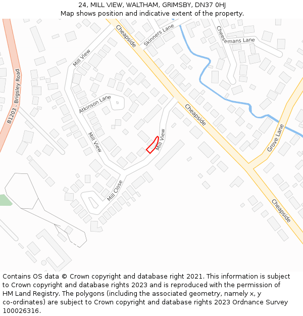 24, MILL VIEW, WALTHAM, GRIMSBY, DN37 0HJ: Location map and indicative extent of plot