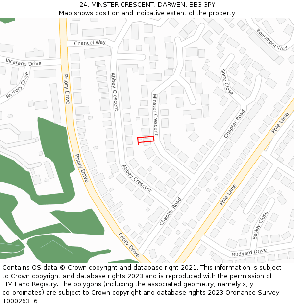 24, MINSTER CRESCENT, DARWEN, BB3 3PY: Location map and indicative extent of plot