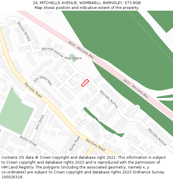 24, MITCHELLS AVENUE, WOMBWELL, BARNSLEY, S73 8GB: Location map and indicative extent of plot