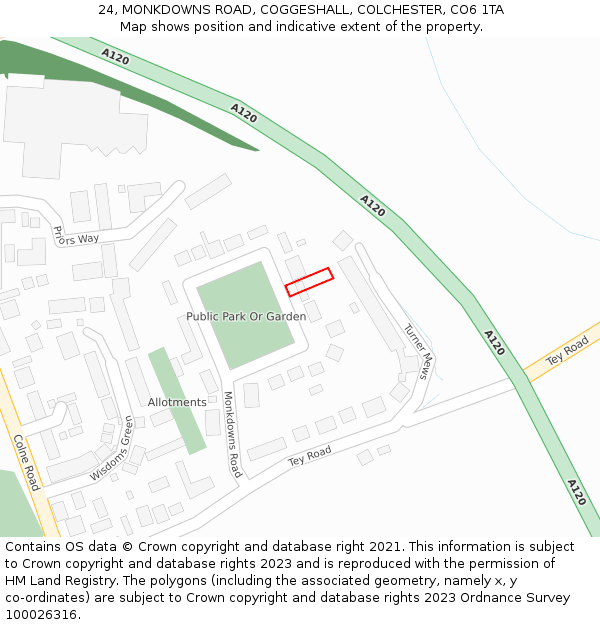 24, MONKDOWNS ROAD, COGGESHALL, COLCHESTER, CO6 1TA: Location map and indicative extent of plot