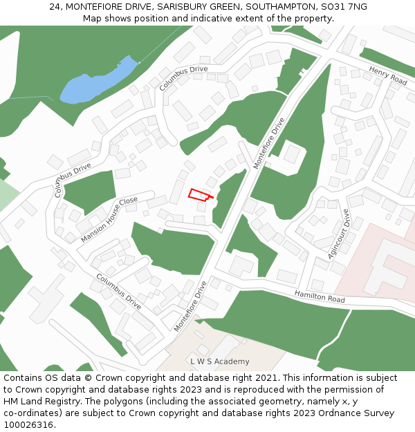 24, MONTEFIORE DRIVE, SARISBURY GREEN, SOUTHAMPTON, SO31 7NG: Location map and indicative extent of plot