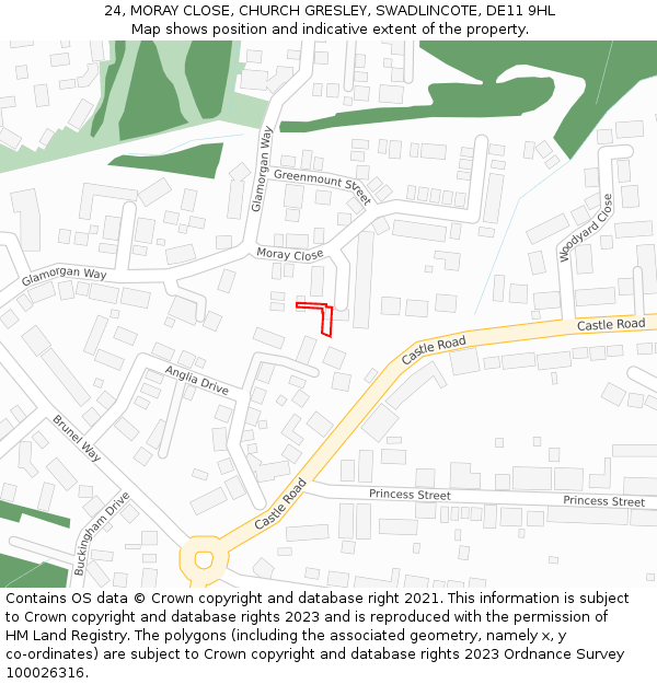 24, MORAY CLOSE, CHURCH GRESLEY, SWADLINCOTE, DE11 9HL: Location map and indicative extent of plot