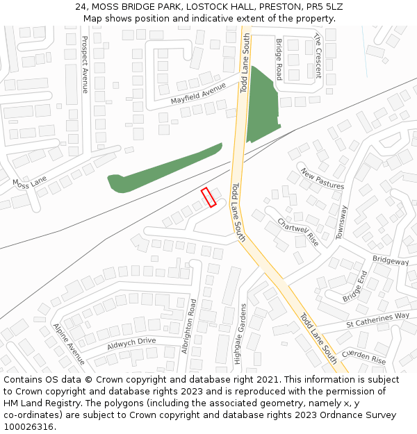 24, MOSS BRIDGE PARK, LOSTOCK HALL, PRESTON, PR5 5LZ: Location map and indicative extent of plot