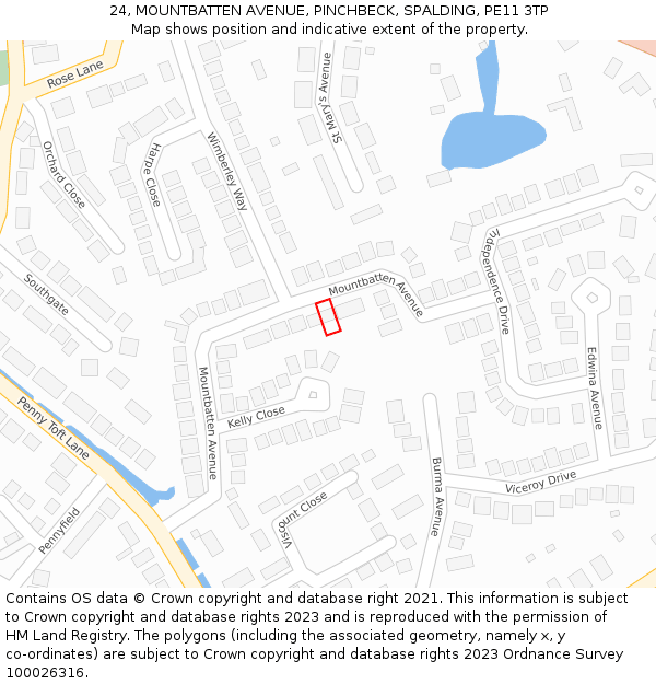 24, MOUNTBATTEN AVENUE, PINCHBECK, SPALDING, PE11 3TP: Location map and indicative extent of plot