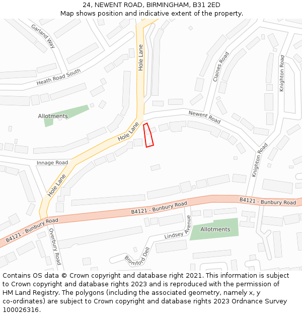 24, NEWENT ROAD, BIRMINGHAM, B31 2ED: Location map and indicative extent of plot