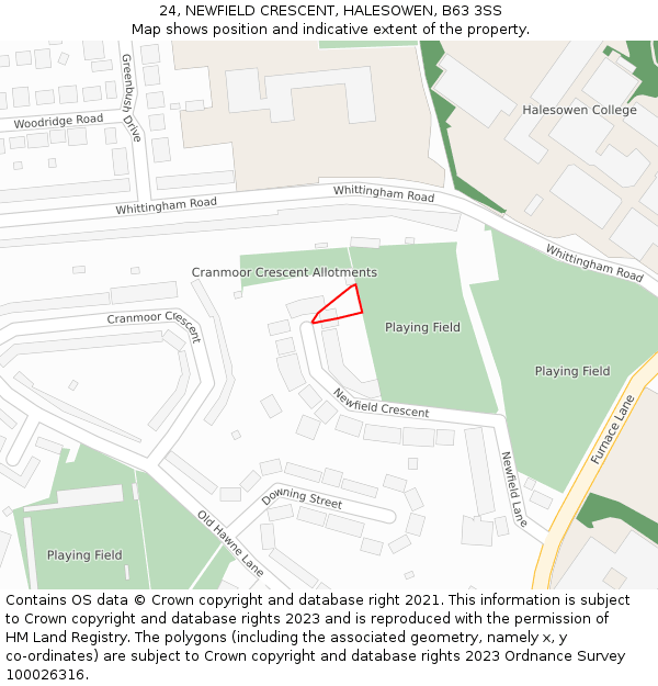 24, NEWFIELD CRESCENT, HALESOWEN, B63 3SS: Location map and indicative extent of plot
