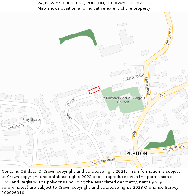 24, NEWLYN CRESCENT, PURITON, BRIDGWATER, TA7 8BS: Location map and indicative extent of plot